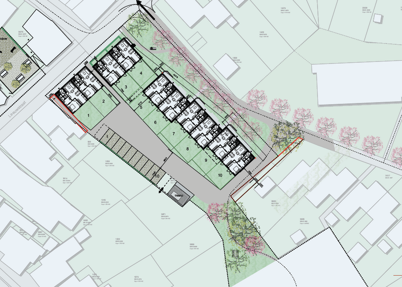 Plattegrond met huizen, groene ruimte en straten