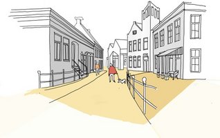 Tekening brug, gebouwen, mensen, markthal