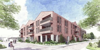 Schets Blok C Schets gebouw, straat, lucht, bomen
