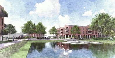 Schets Blok C Schets gebouw, water, lucht, bomen